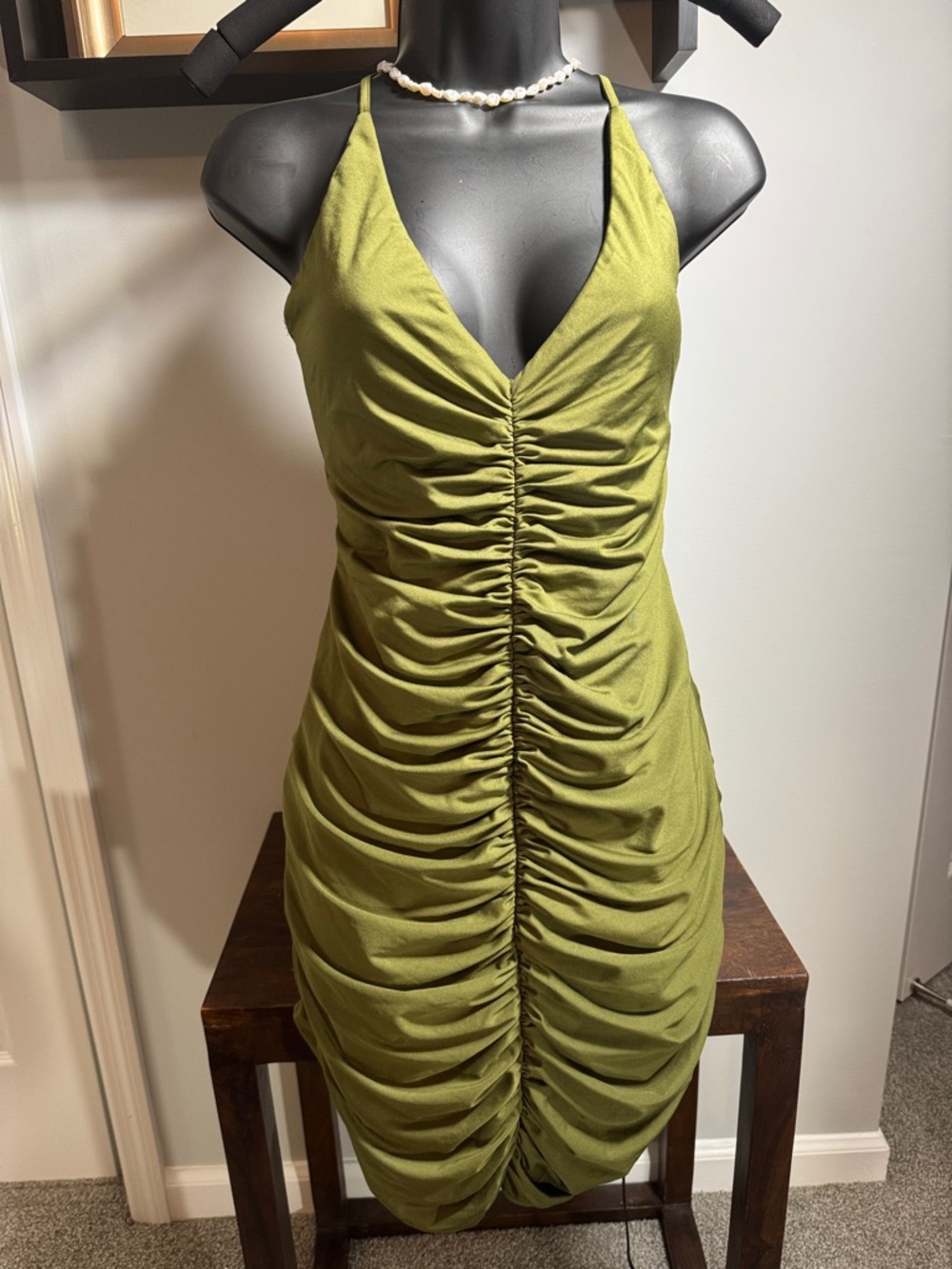 Fashion Nova Olive Green Ruched Halter Mini Dress